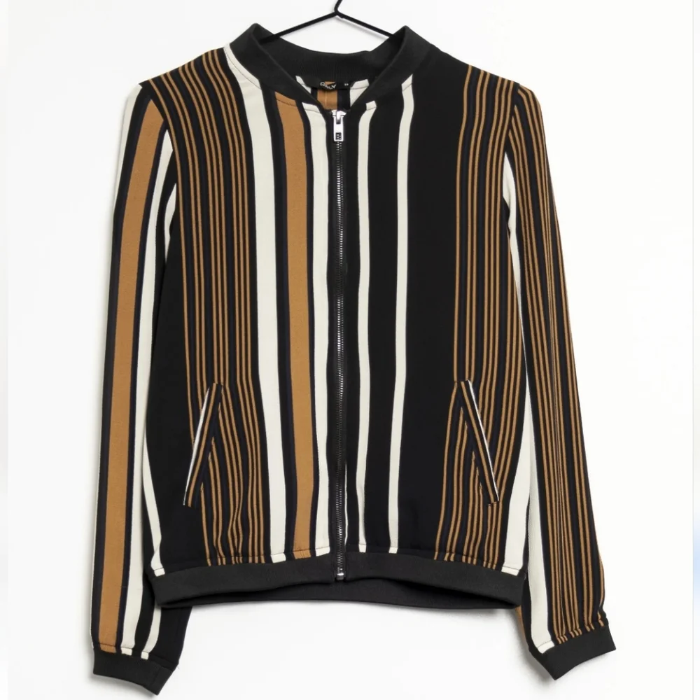 ONLY Women's ZIP-UP‎ SWEATSHIRT Black Yellow Stripes Bomber Jacket Size 36